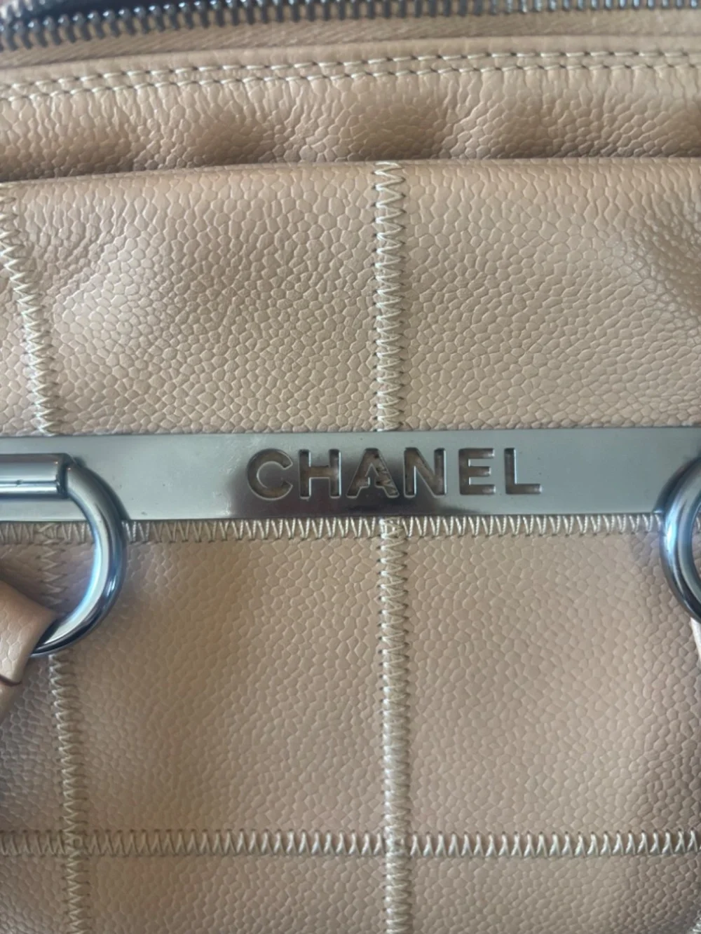 CHANEL VINTAGE Logo Bar East West Tote Beige Caviar Silver HW 9 series AUTH